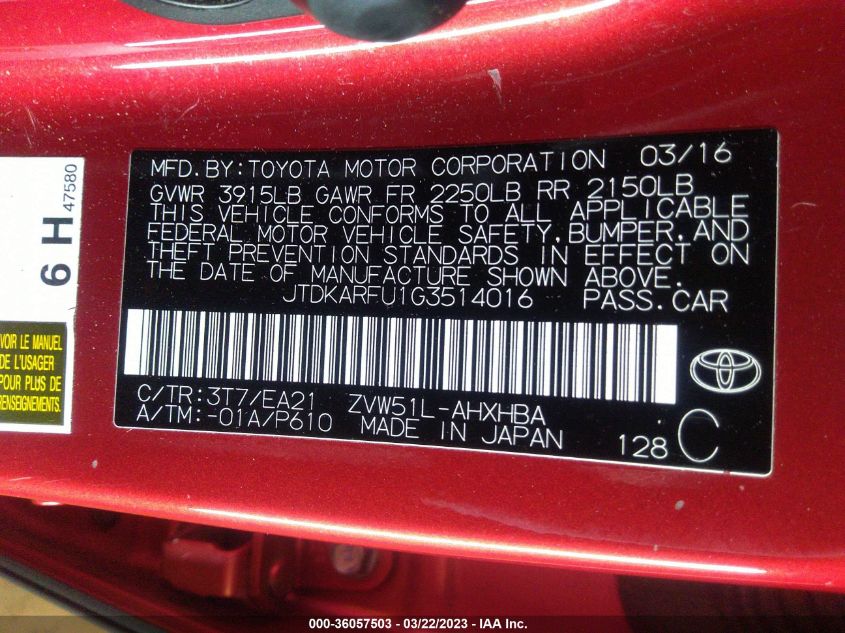 2016 TOYOTA PRIUS FOUR - JTDKARFU1G3514016