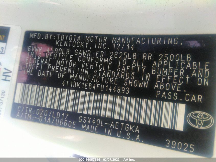 2015 TOYOTA AVALON LIMITED - 4T1BK1EB4FU144893