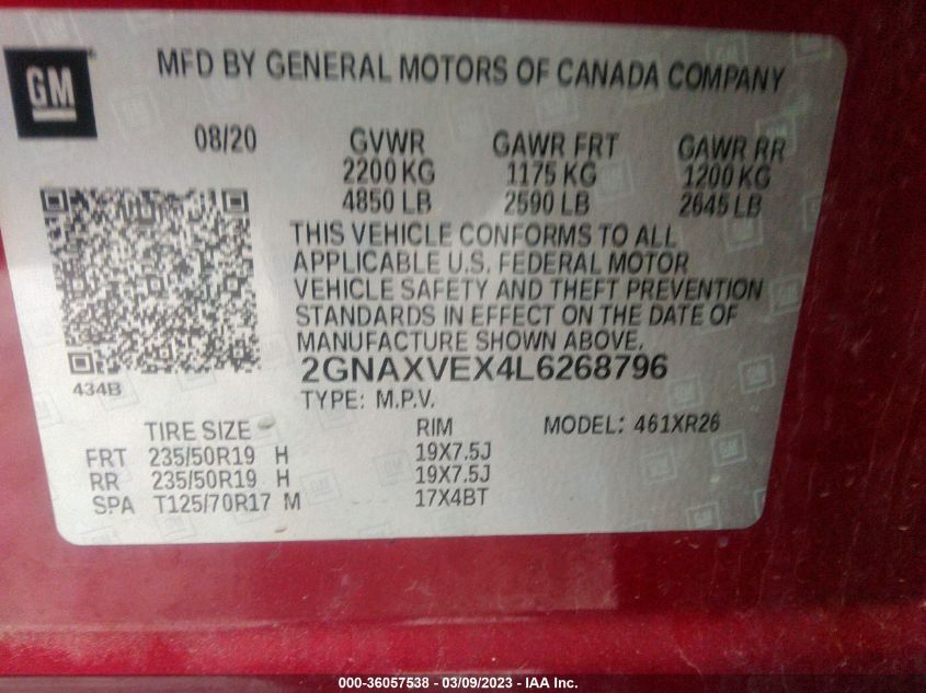 2020 CHEVROLET EQUINOX LT - 2GNAXVEX4L6268796