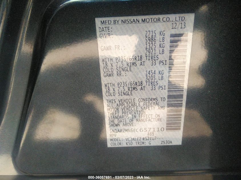 2014 NISSAN PATHFINDER SV - 5N1AR2MN6EC657110