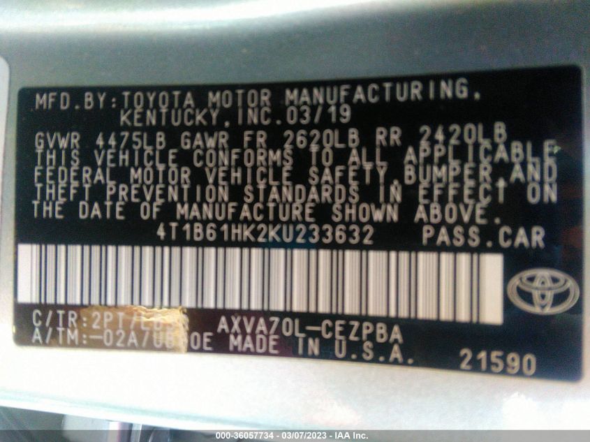 2019 TOYOTA CAMRY XSE - 4T1B61HK2KU233632