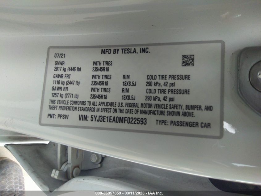 2021 TESLA MODEL 3 STANDARD RANGE PLUS - 5YJ3E1EA0MF022593