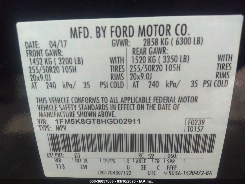 2017 FORD EXPLORER SPORT - 1FM5K8GT8HGD02911