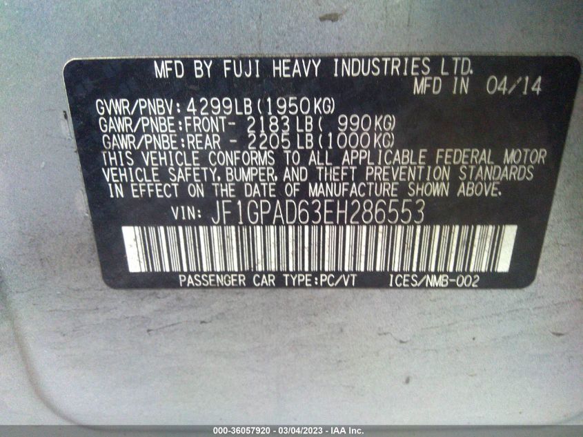 2014 SUBARU IMPREZA WAGON 2.0I PREMIUM - JF1GPAD63EH286553