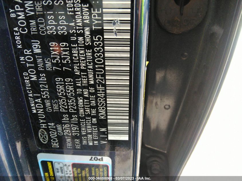 2015 HYUNDAI SANTA FE LIMITED - KM8SR4HF2FU103335