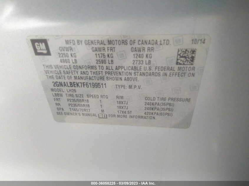 2015 CHEVROLET EQUINOX LT - 2GNALBEK7F6199511
