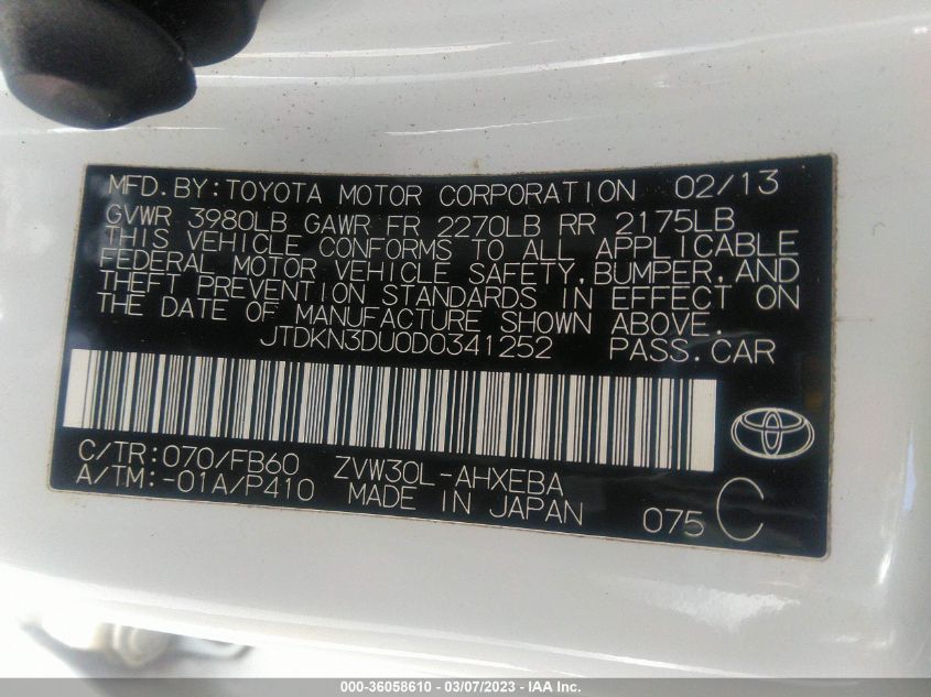 2013 TOYOTA PRIUS ONE/TWO/THREE/FOUR/FIVE - JTDKN3DU0D0341252