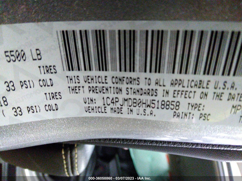 VIN 1C4PJMDB0HW518858 2017 JEEP CHEROKEE LIMITED