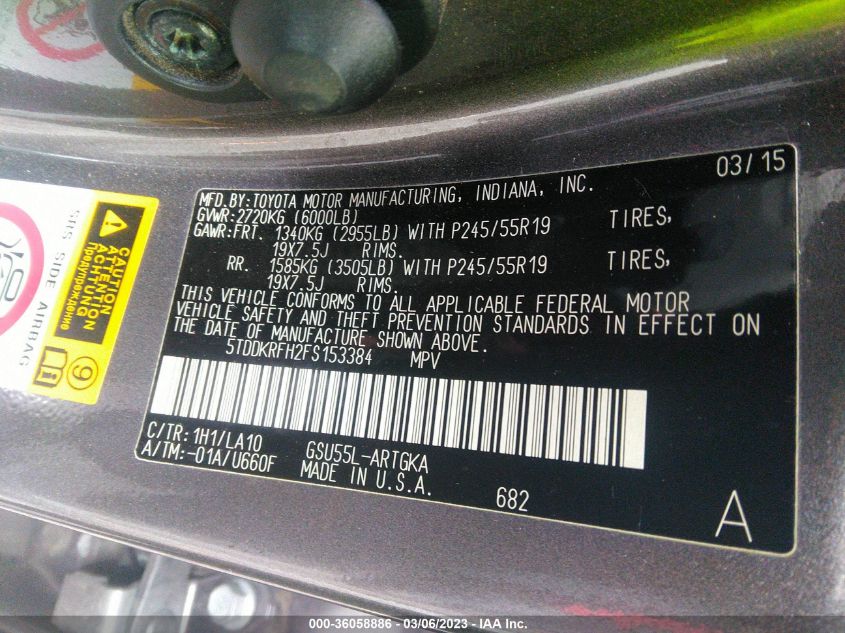 2015 TOYOTA HIGHLANDER LIMITED - 5TDDKRFH2FS153384