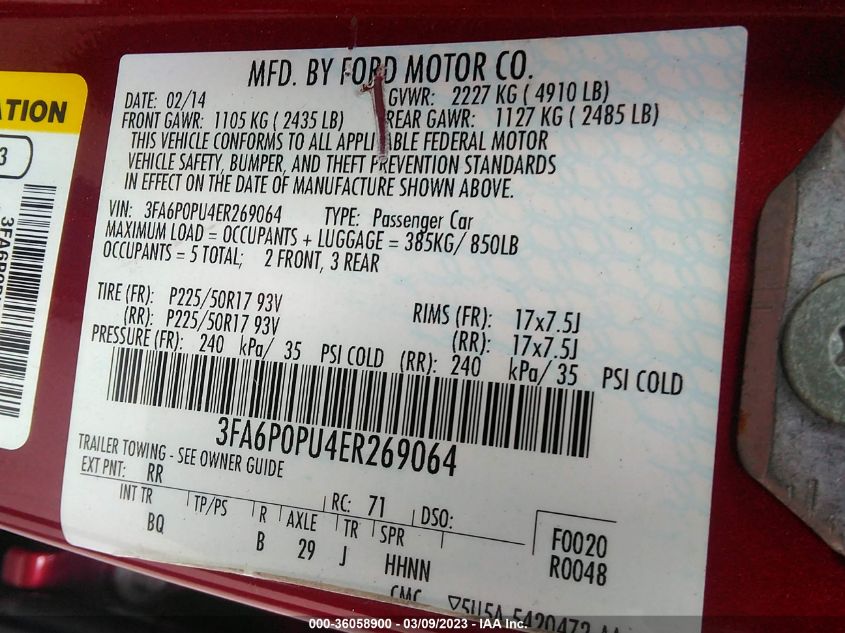 2014 FORD FUSION ENERGI SE LUXURY - 3FA6P0PU4ER269064