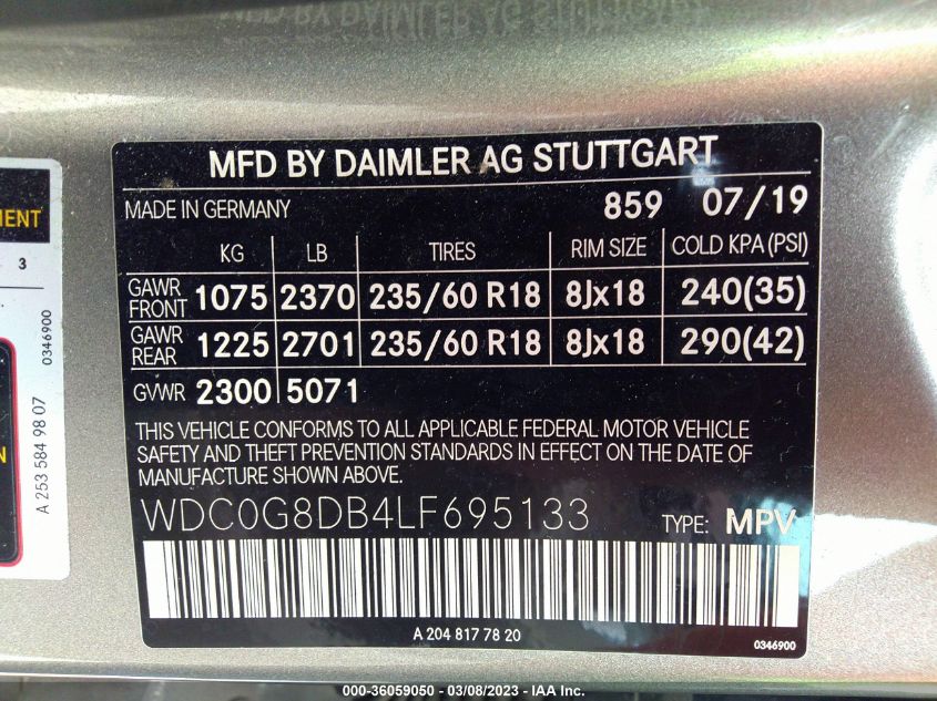2020 MERCEDES-BENZ GLC GLC 300 - WDC0G8DB4LF695133