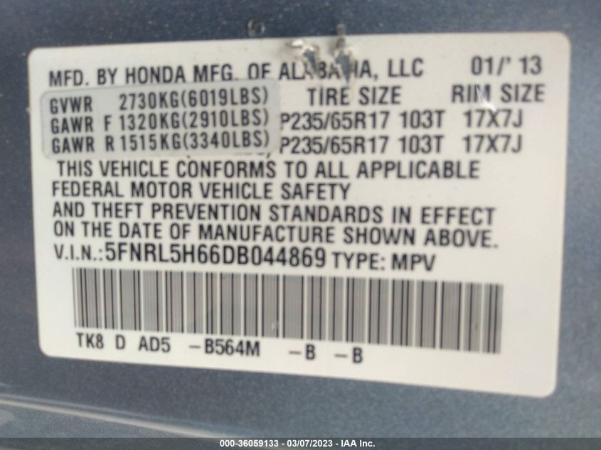 2013 HONDA ODYSSEY EX-L - 5FNRL5H66DB044869
