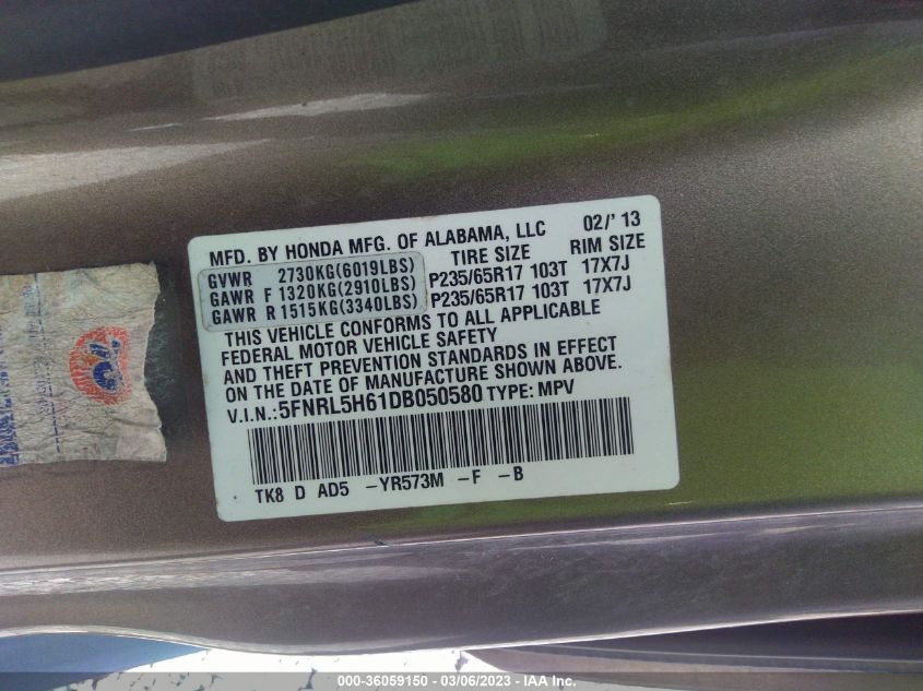 2013 HONDA ODYSSEY EX-L - 5FNRL5H61DB050580