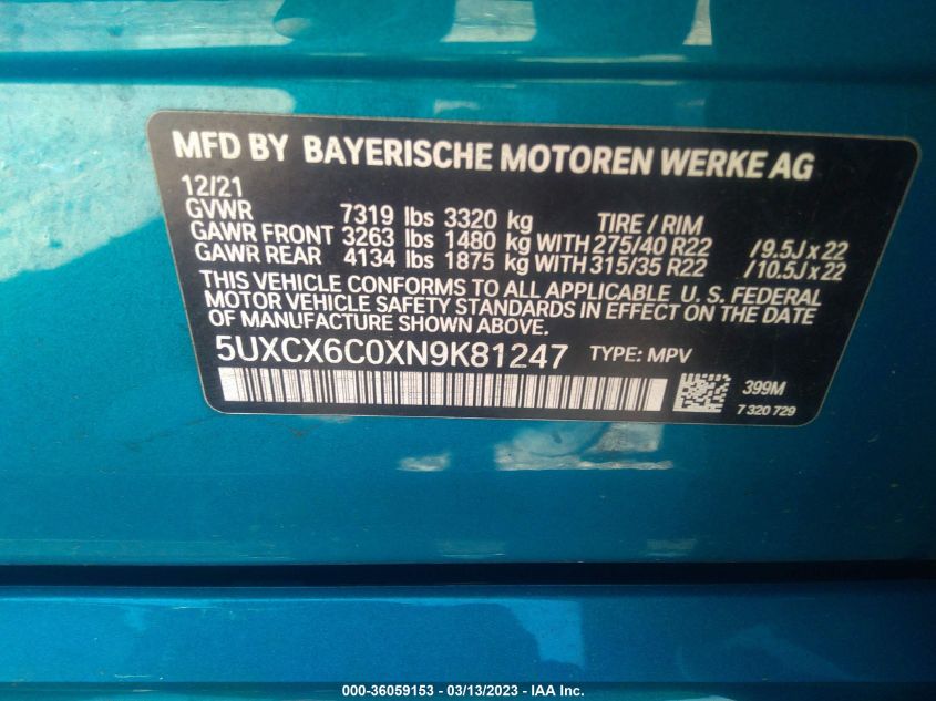 2022 BMW X7 M50I - 5UXCX6C0XN9K81247