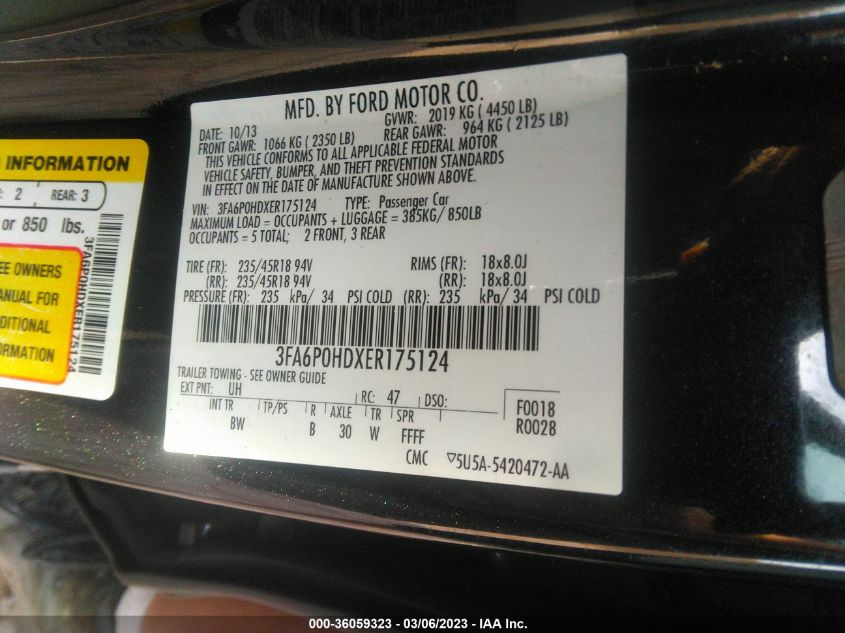 2014 FORD FUSION SE - 3FA6P0HDXER175124