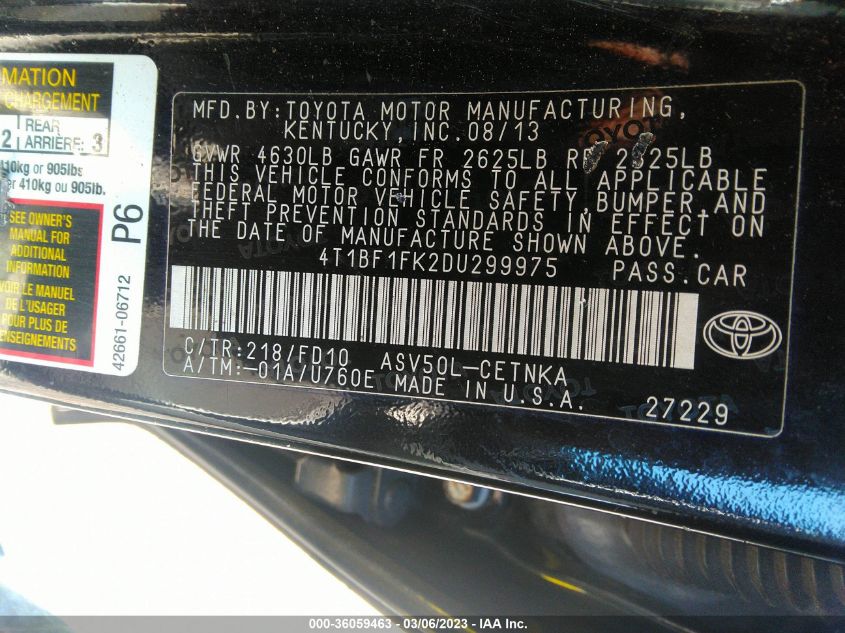 2013 TOYOTA CAMRY L/LE/SE/XLE - 4T1BF1FK2DU299975