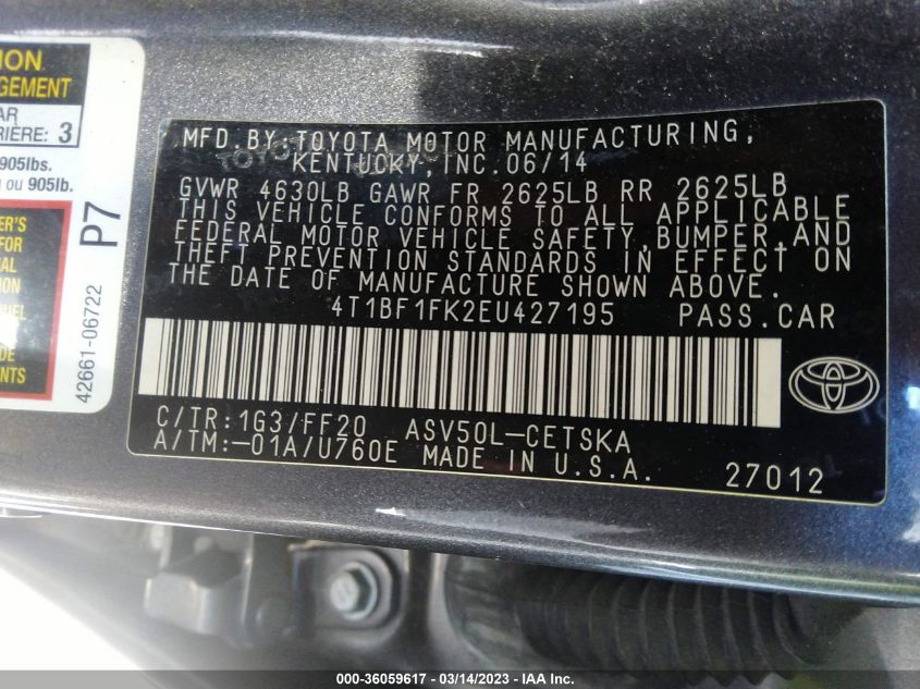 2014 TOYOTA CAMRY L/LE/XLE/SE/SE SPORT - 4T1BF1FK2EU427195