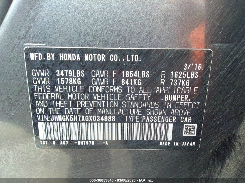 2016 HONDA FIT EX - JHMGK5H7XGX034888