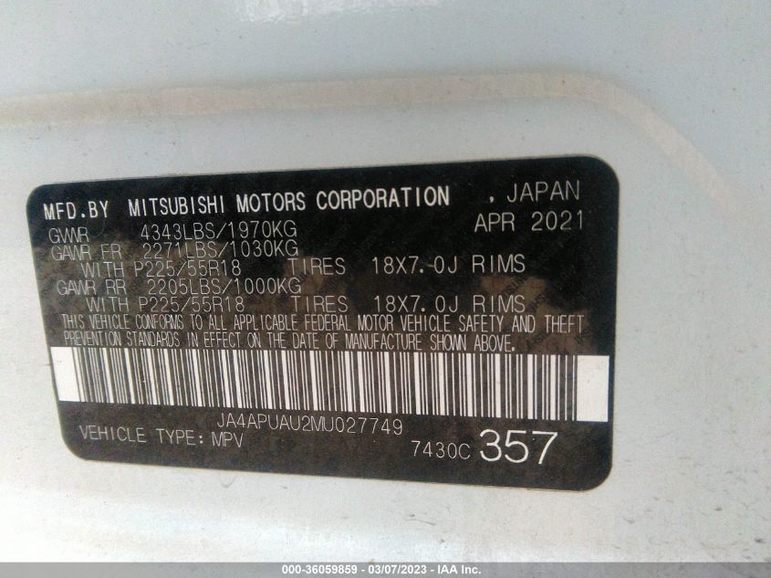 2021 MITSUBISHI OUTLANDER SPORT ES/LE/BE/S - JA4APUAU2MU027749