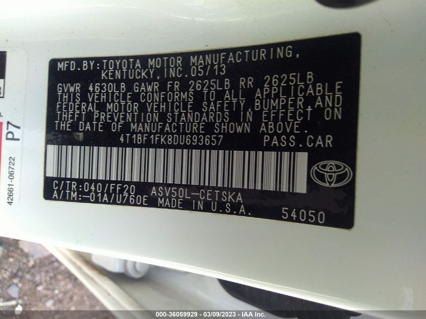 2013 TOYOTA CAMRY L/LE/SE/XLE - 4T1BF1FK8DU693657