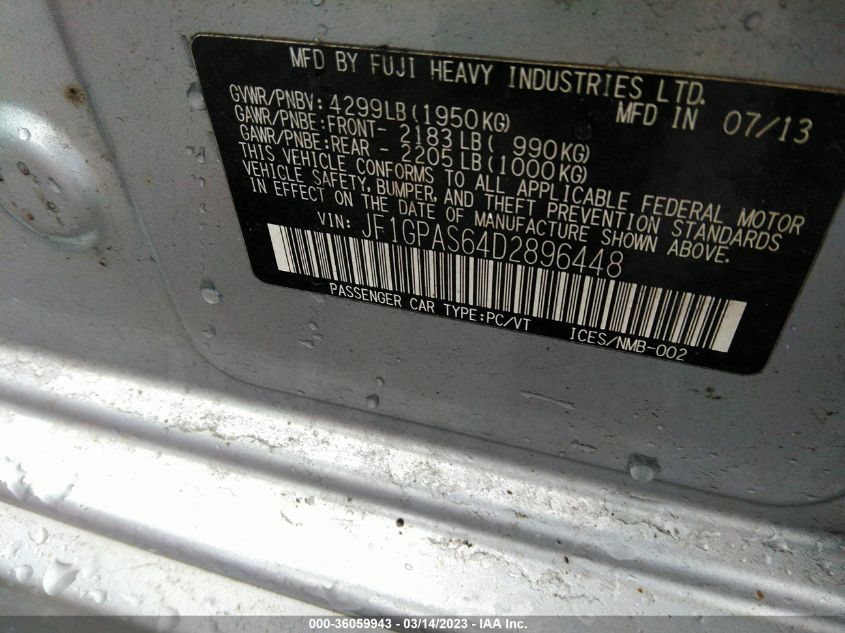 2013 SUBARU IMPREZA WAGON 2.0I SPORT LIMITED - JF1GPAS64D2896448
