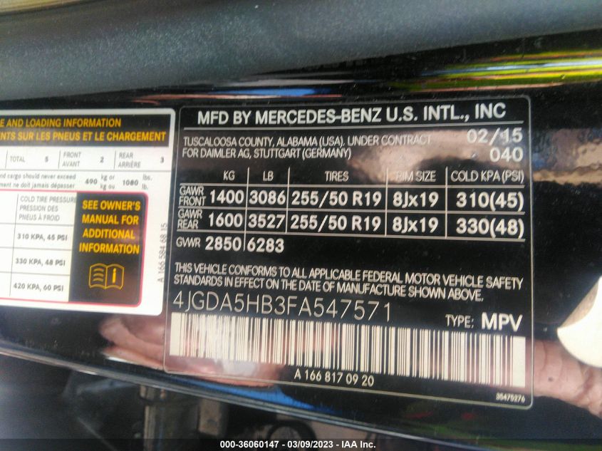 2015 MERCEDES-BENZ M-CLASS ML 350 - 4JGDA5HB3FA547571