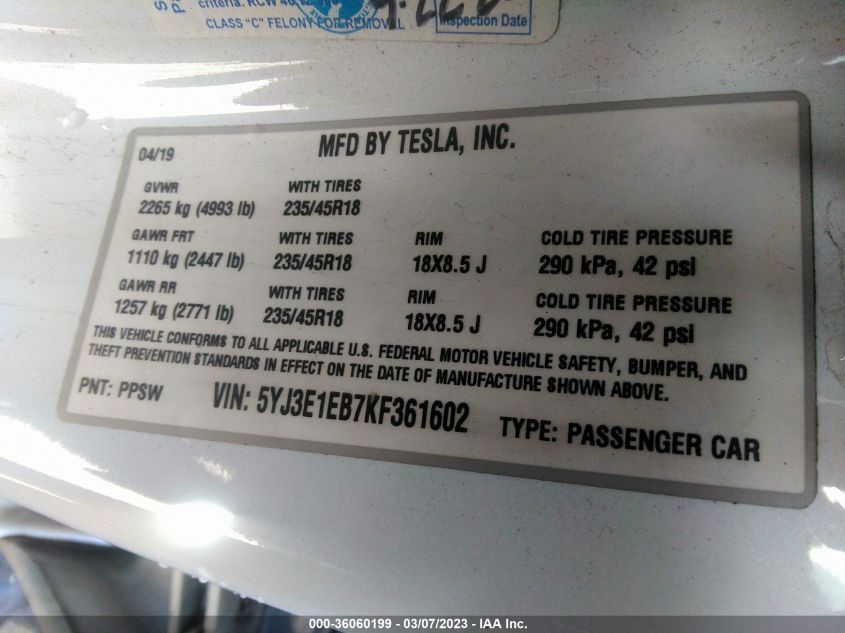 2019 TESLA MODEL 3 LONG RANGE - 5YJ3E1EB7KF361602