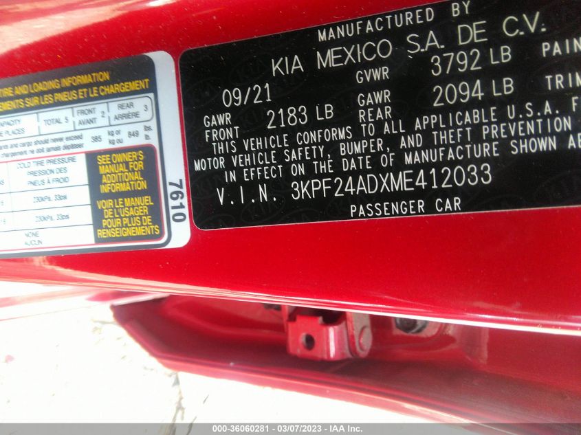 2021 KIA FORTE LXS - 3KPF24ADXME412033