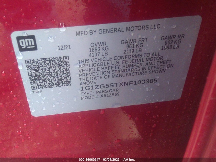 VIN 1G1ZG5STXNF103365 2022 CHEVROLET MALIBU RS
