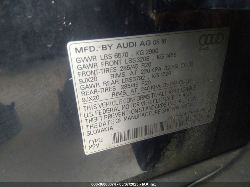 2017 AUDI Q7 PREMIUM PLUS - WA1LAAF73HD019063