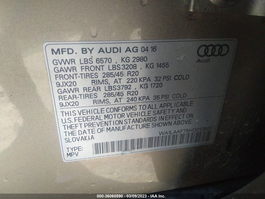 2017 AUDI Q7 PREMIUM PLUS - WA1LAAF75HD013801