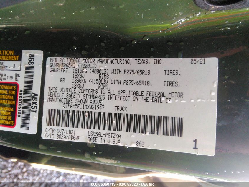 2021 TOYOTA TUNDRA 4WD PLATINUM/1794 EDITION - 5TFAY5F11MX021947
