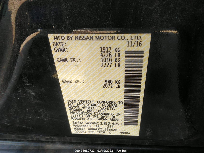 VIN 1N4AL3AP4HC162481 2017 NISSAN ALTIMA 2.5 SV