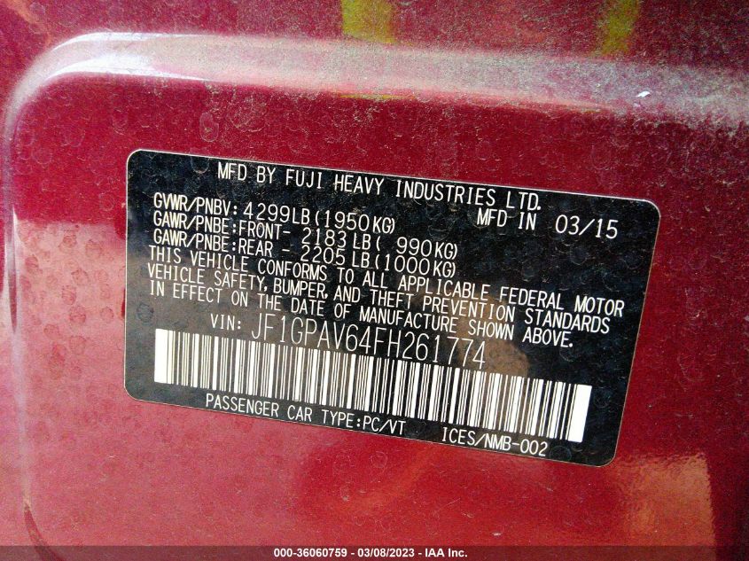 2015 SUBARU IMPREZA WAGON 2.0I SPORT LIMITED - JF1GPAV64FH261774
