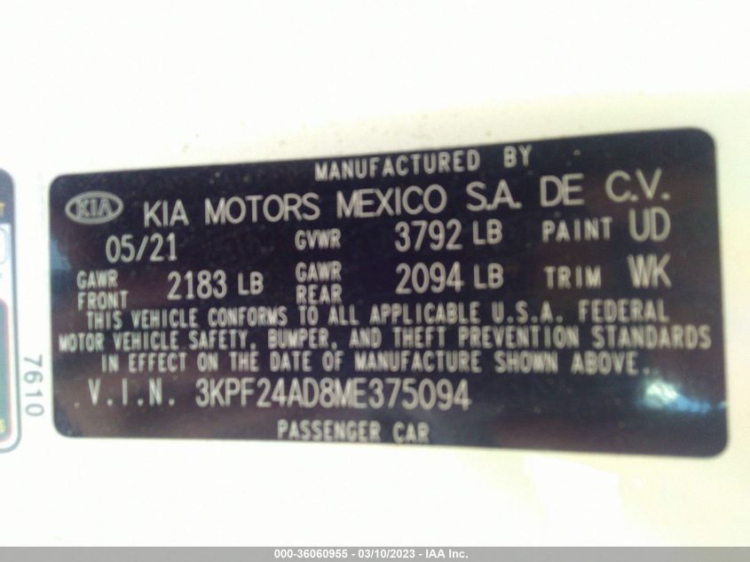 2021 KIA FORTE LXS - 3KPF24AD8ME375094