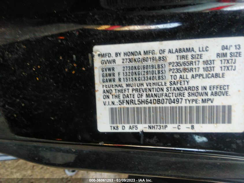 VIN 5FNRL5H64DB070497 2013 HONDA ODYSSEY no.9