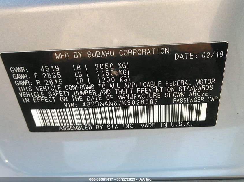 2019 SUBARU LEGACY LIMITED - 4S3BNAN67K3028067