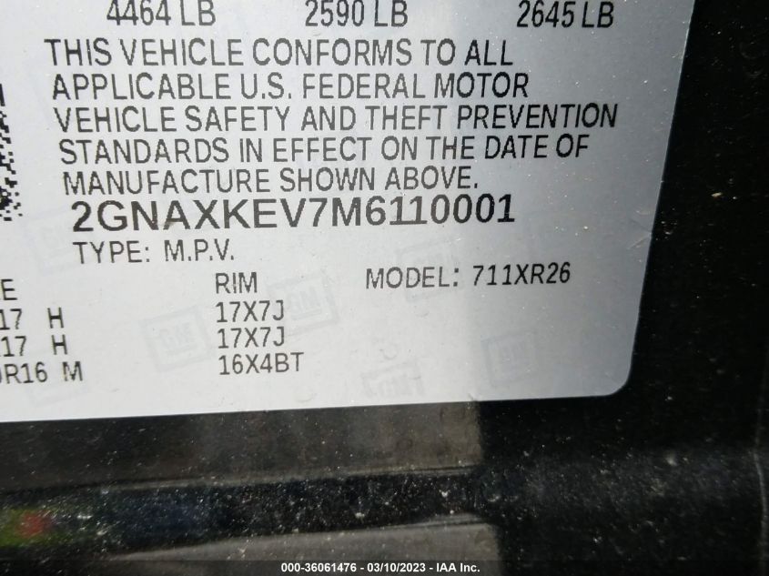 2021 CHEVROLET EQUINOX LT - 2GNAXKEV7M6110001