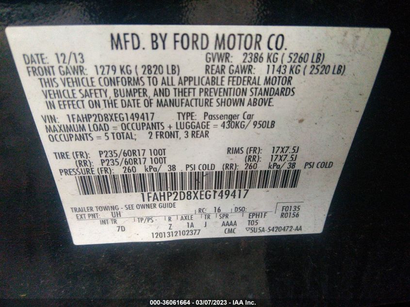 2014 FORD TAURUS SE - 1FAHP2D8XEG149417