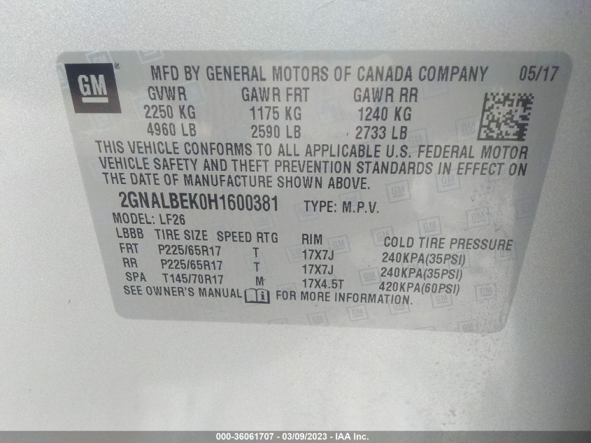 2017 CHEVROLET EQUINOX LS - 2GNALBEK0H1600381