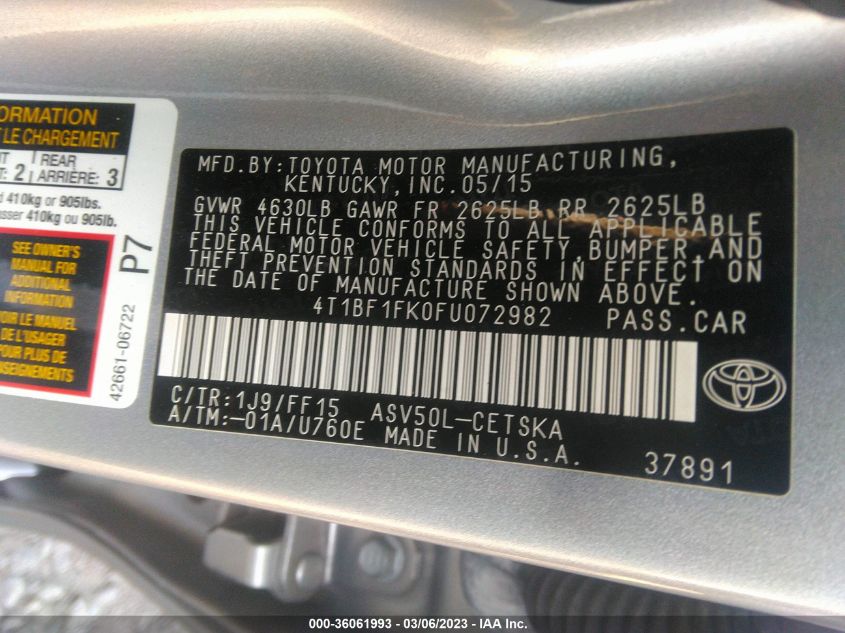2015 TOYOTA CAMRY XLE/SE/LE/XSE - 4T1BF1FK0FU072982