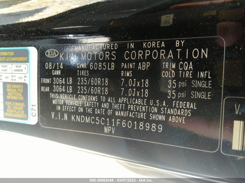 2015 KIA SEDONA SX - KNDMC5C11F6018989