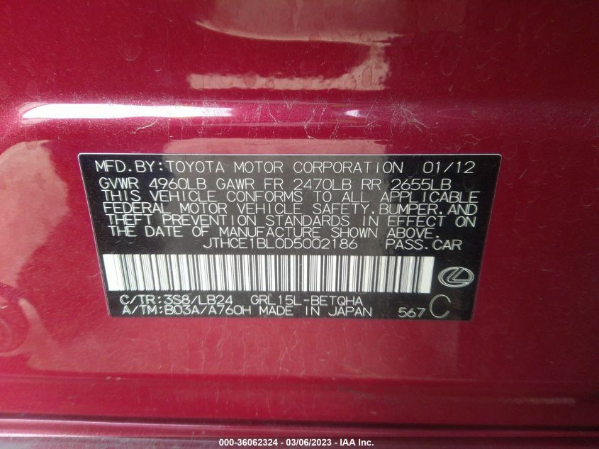 2013 LEXUS GS 350 - JTHCE1BL0D5002186