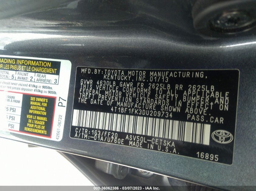 2013 TOYOTA CAMRY L/LE/SE/XLE - 4T1BF1FK3DU209734