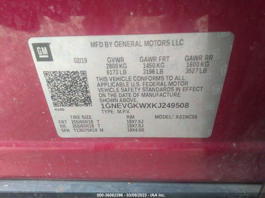 2019 CHEVROLET TRAVERSE LT CLOTH - 1GNEVGKWXKJ249508