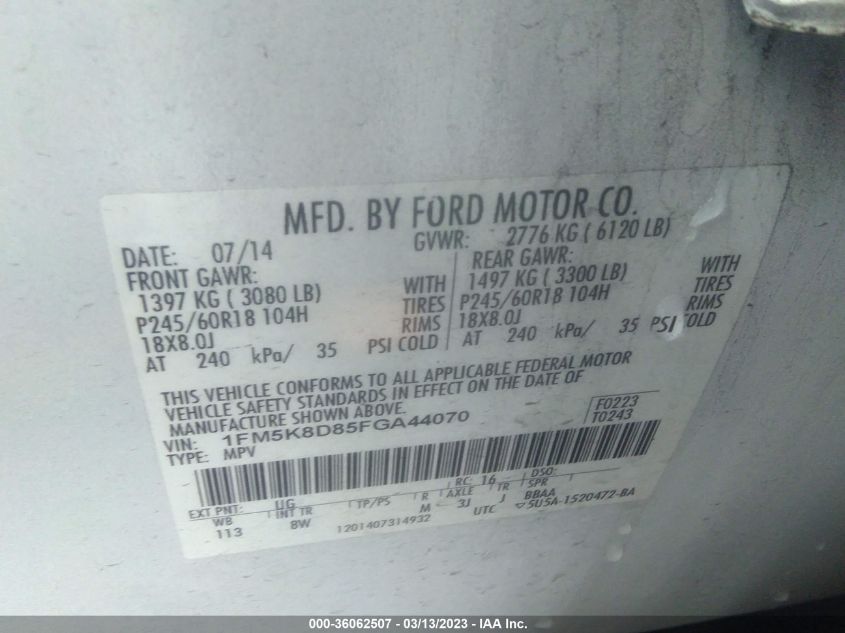 2015 FORD EXPLORER XLT - 1FM5K8D85FGA44070