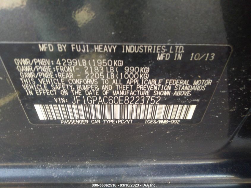 2014 SUBARU IMPREZA WAGON 2.0I PREMIUM - JF1GPAC60E8223752