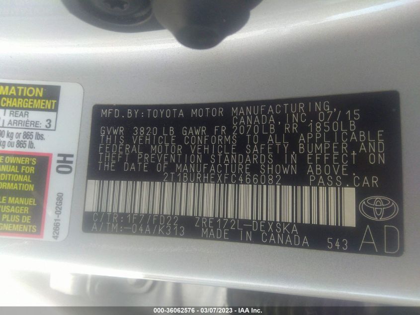 2015 TOYOTA COROLLA L/LE/S/S PLUS/LE PLUS - 2T1BURHEXFC466082