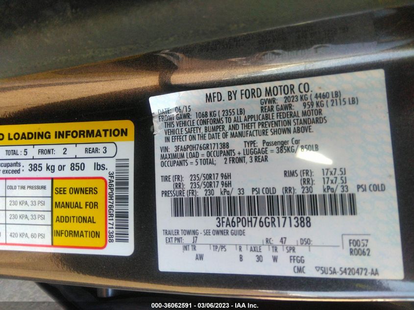 2016 FORD FUSION SE - 3FA6P0H76GR171388