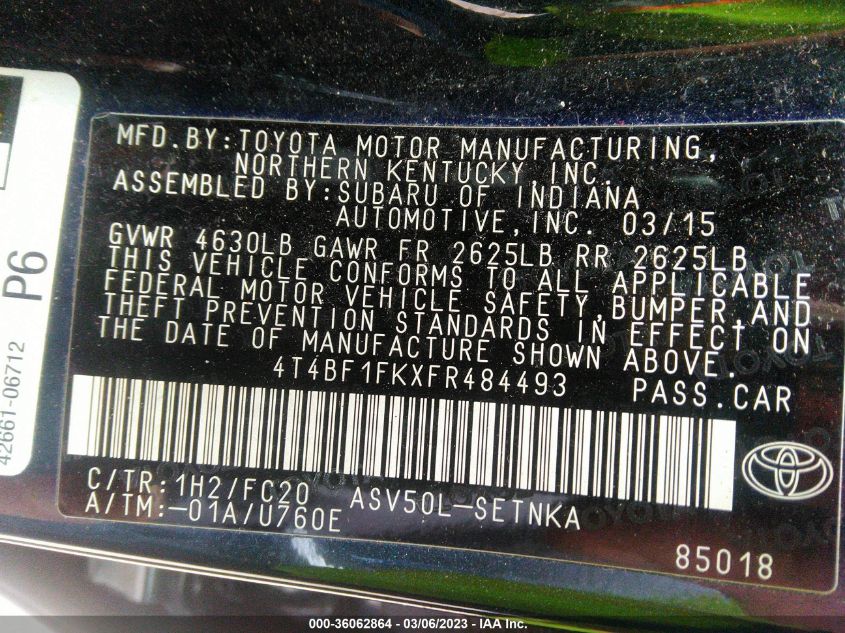 2015 TOYOTA CAMRY XLE/SE/LE/XSE - 4T4BF1FKXFR484493